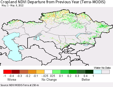 Kazakhstan Cropland NDVI Departure from Previous Year (Terra-MODIS) Thematic Map For 5/1/2022 - 5/8/2022