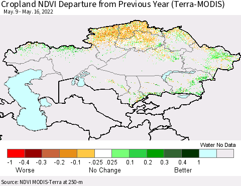 Kazakhstan Cropland NDVI Departure from Previous Year (Terra-MODIS) Thematic Map For 5/9/2022 - 5/16/2022