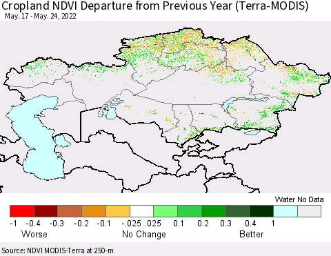 Kazakhstan Cropland NDVI Departure from Previous Year (Terra-MODIS) Thematic Map For 5/17/2022 - 5/24/2022