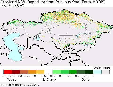 Kazakhstan Cropland NDVI Departure from Previous Year (Terra-MODIS) Thematic Map For 5/25/2022 - 6/1/2022