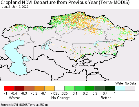 Kazakhstan Cropland NDVI Departure from Previous Year (Terra-MODIS) Thematic Map For 6/2/2022 - 6/9/2022