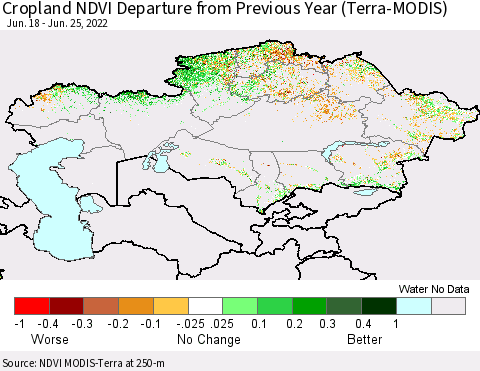 Kazakhstan Cropland NDVI Departure from Previous Year (Terra-MODIS) Thematic Map For 6/18/2022 - 6/25/2022