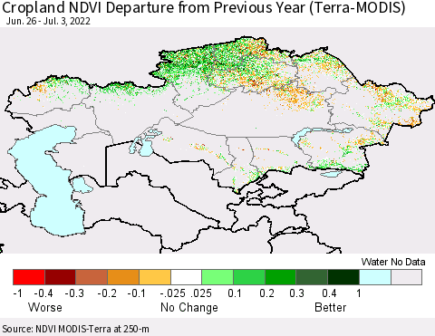 Kazakhstan Cropland NDVI Departure from Previous Year (Terra-MODIS) Thematic Map For 6/26/2022 - 7/3/2022
