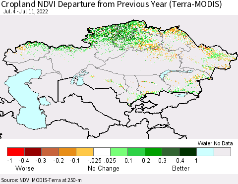 Kazakhstan Cropland NDVI Departure from Previous Year (Terra-MODIS) Thematic Map For 7/4/2022 - 7/11/2022