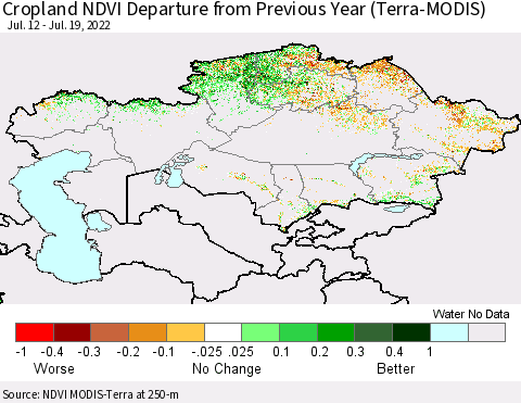 Kazakhstan Cropland NDVI Departure from Previous Year (Terra-MODIS) Thematic Map For 7/12/2022 - 7/19/2022