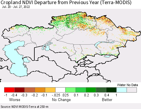 Kazakhstan Cropland NDVI Departure from Previous Year (Terra-MODIS) Thematic Map For 7/20/2022 - 7/27/2022