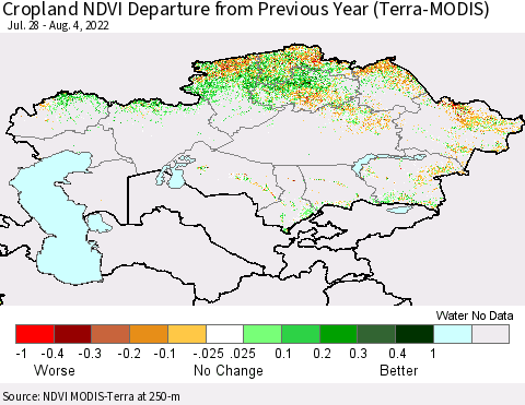 Kazakhstan Cropland NDVI Departure from Previous Year (Terra-MODIS) Thematic Map For 7/28/2022 - 8/4/2022