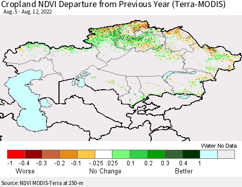Kazakhstan Cropland NDVI Departure from Previous Year (Terra-MODIS) Thematic Map For 8/5/2022 - 8/12/2022