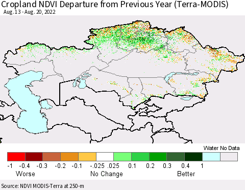 Kazakhstan Cropland NDVI Departure from Previous Year (Terra-MODIS) Thematic Map For 8/13/2022 - 8/20/2022