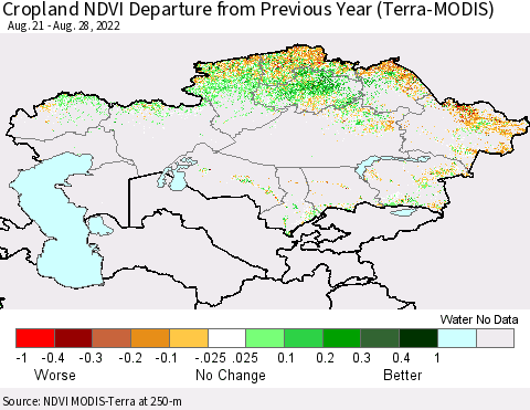 Kazakhstan Cropland NDVI Departure from Previous Year (Terra-MODIS) Thematic Map For 8/21/2022 - 8/28/2022