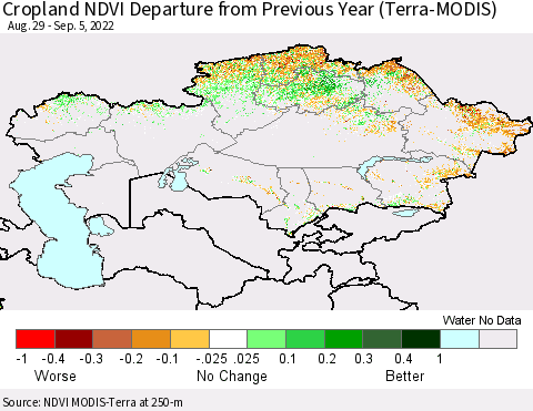 Kazakhstan Cropland NDVI Departure from Previous Year (Terra-MODIS) Thematic Map For 8/29/2022 - 9/5/2022