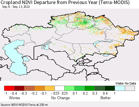 Kazakhstan Cropland NDVI Departure from Previous Year (Terra-MODIS) Thematic Map For 9/6/2022 - 9/13/2022