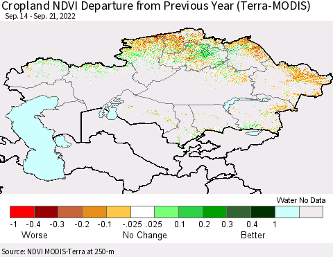 Kazakhstan Cropland NDVI Departure from Previous Year (Terra-MODIS) Thematic Map For 9/14/2022 - 9/21/2022