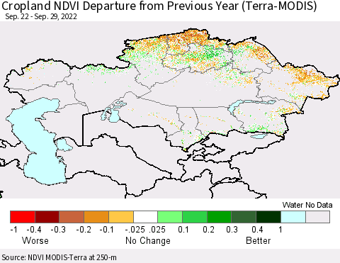 Kazakhstan Cropland NDVI Departure from Previous Year (Terra-MODIS) Thematic Map For 9/22/2022 - 9/29/2022