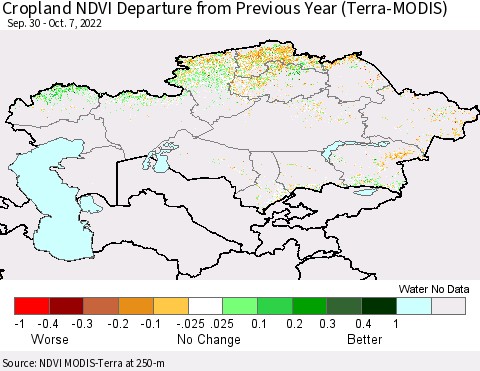 Kazakhstan Cropland NDVI Departure from Previous Year (Terra-MODIS) Thematic Map For 9/30/2022 - 10/7/2022