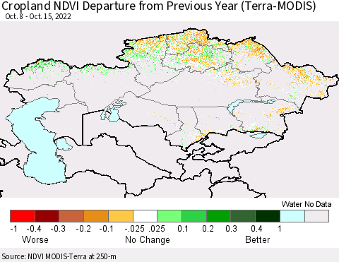 Kazakhstan Cropland NDVI Departure from Previous Year (Terra-MODIS) Thematic Map For 10/8/2022 - 10/15/2022