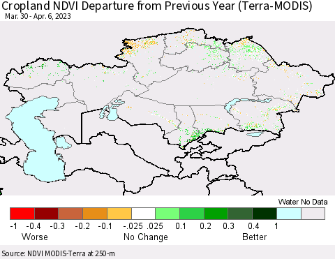Kazakhstan Cropland NDVI Departure from Previous Year (Terra-MODIS) Thematic Map For 3/30/2023 - 4/6/2023
