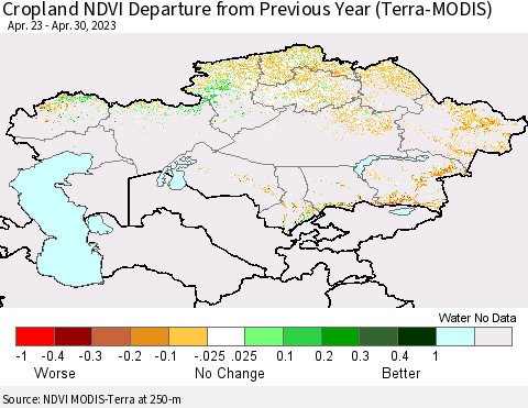 Kazakhstan Cropland NDVI Departure from Previous Year (Terra-MODIS) Thematic Map For 4/23/2023 - 4/30/2023