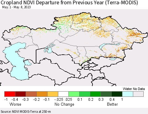 Kazakhstan Cropland NDVI Departure from Previous Year (Terra-MODIS) Thematic Map For 5/1/2023 - 5/8/2023