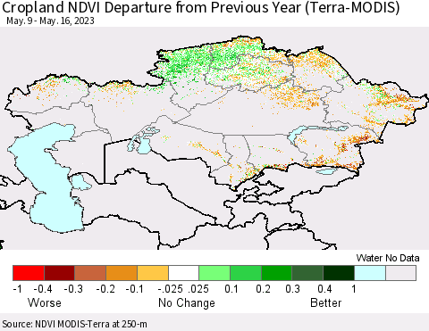 Kazakhstan Cropland NDVI Departure from Previous Year (Terra-MODIS) Thematic Map For 5/9/2023 - 5/16/2023