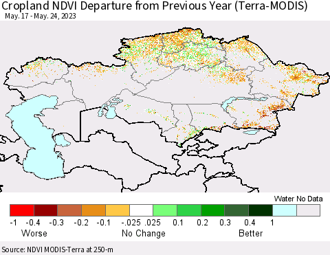 Kazakhstan Cropland NDVI Departure from Previous Year (Terra-MODIS) Thematic Map For 5/17/2023 - 5/24/2023