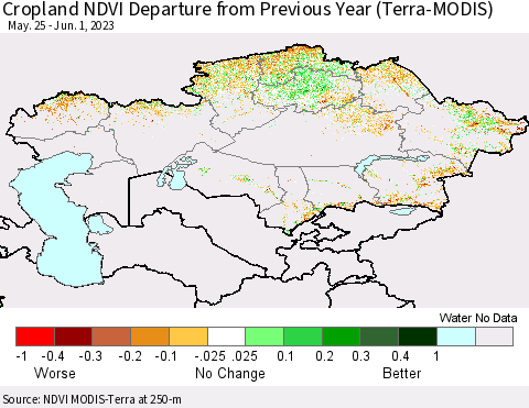 Kazakhstan Cropland NDVI Departure from Previous Year (Terra-MODIS) Thematic Map For 5/25/2023 - 6/1/2023