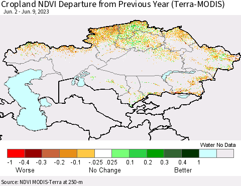 Kazakhstan Cropland NDVI Departure from Previous Year (Terra-MODIS) Thematic Map For 6/2/2023 - 6/9/2023