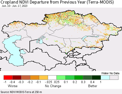 Kazakhstan Cropland NDVI Departure from Previous Year (Terra-MODIS) Thematic Map For 6/10/2023 - 6/17/2023