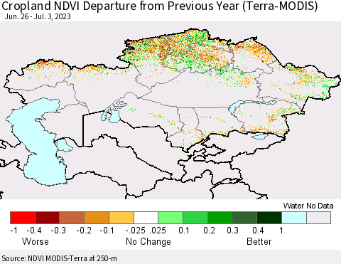Kazakhstan Cropland NDVI Departure from Previous Year (Terra-MODIS) Thematic Map For 6/26/2023 - 7/3/2023