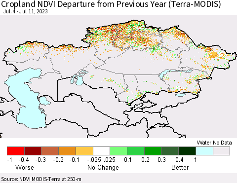 Kazakhstan Cropland NDVI Departure from Previous Year (Terra-MODIS) Thematic Map For 7/4/2023 - 7/11/2023