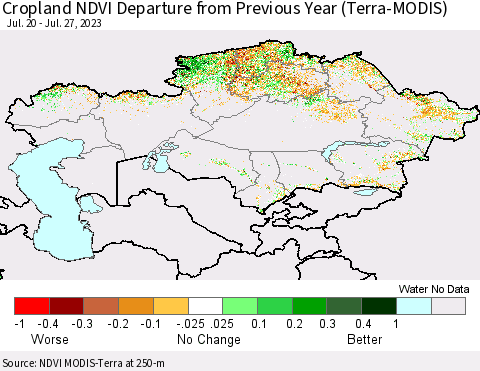 Kazakhstan Cropland NDVI Departure from Previous Year (Terra-MODIS) Thematic Map For 7/20/2023 - 7/27/2023