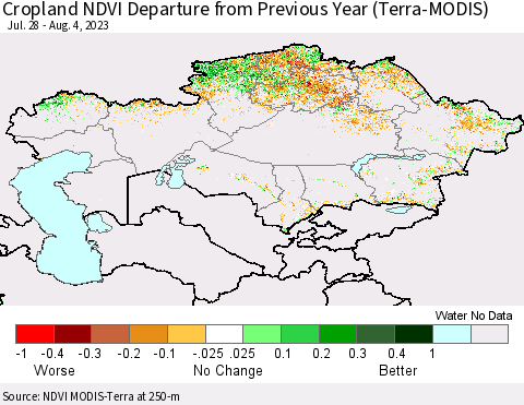 Kazakhstan Cropland NDVI Departure from Previous Year (Terra-MODIS) Thematic Map For 7/28/2023 - 8/4/2023