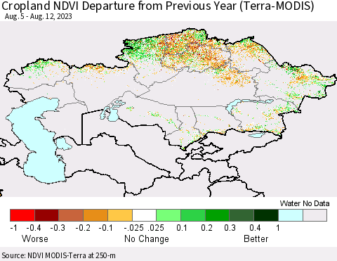 Kazakhstan Cropland NDVI Departure from Previous Year (Terra-MODIS) Thematic Map For 8/5/2023 - 8/12/2023
