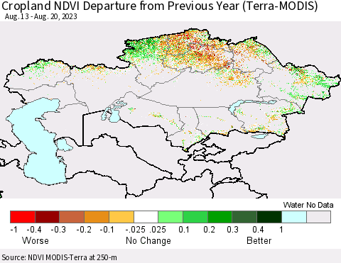 Kazakhstan Cropland NDVI Departure from Previous Year (Terra-MODIS) Thematic Map For 8/13/2023 - 8/20/2023