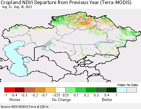 Kazakhstan Cropland NDVI Departure from Previous Year (Terra-MODIS) Thematic Map For 8/21/2023 - 8/28/2023