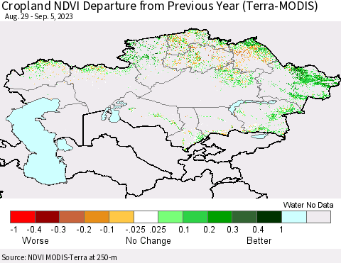 Kazakhstan Cropland NDVI Departure from Previous Year (Terra-MODIS) Thematic Map For 8/29/2023 - 9/5/2023