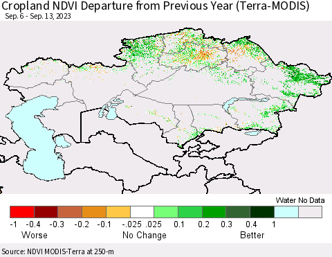 Kazakhstan Cropland NDVI Departure from Previous Year (Terra-MODIS) Thematic Map For 9/6/2023 - 9/13/2023