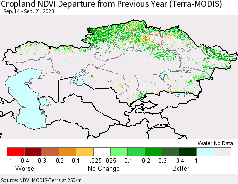 Kazakhstan Cropland NDVI Departure from Previous Year (Terra-MODIS) Thematic Map For 9/14/2023 - 9/21/2023