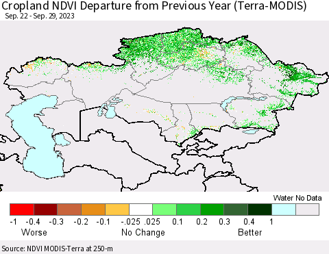 Kazakhstan Cropland NDVI Departure from Previous Year (Terra-MODIS) Thematic Map For 9/22/2023 - 9/29/2023