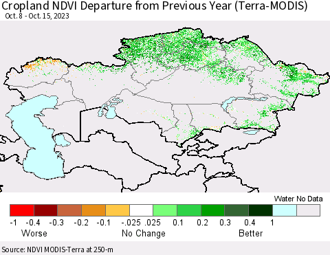 Kazakhstan Cropland NDVI Departure from Previous Year (Terra-MODIS) Thematic Map For 10/8/2023 - 10/15/2023