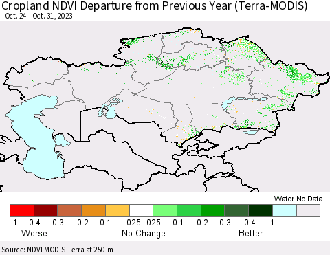 Kazakhstan Cropland NDVI Departure from Previous Year (Terra-MODIS) Thematic Map For 10/24/2023 - 10/31/2023