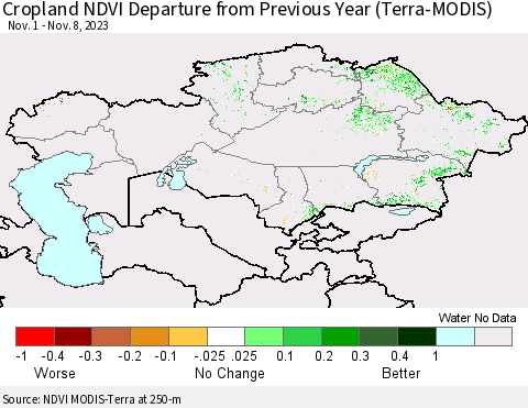 Kazakhstan Cropland NDVI Departure from Previous Year (Terra-MODIS) Thematic Map For 11/1/2023 - 11/8/2023