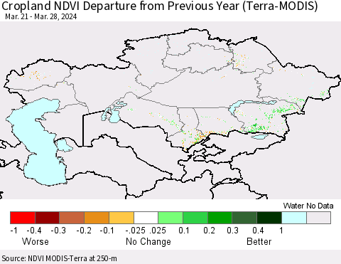 Kazakhstan Cropland NDVI Departure from Previous Year (Terra-MODIS) Thematic Map For 3/21/2024 - 3/28/2024