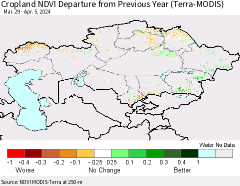 Kazakhstan Cropland NDVI Departure from Previous Year (Terra-MODIS) Thematic Map For 3/29/2024 - 4/5/2024