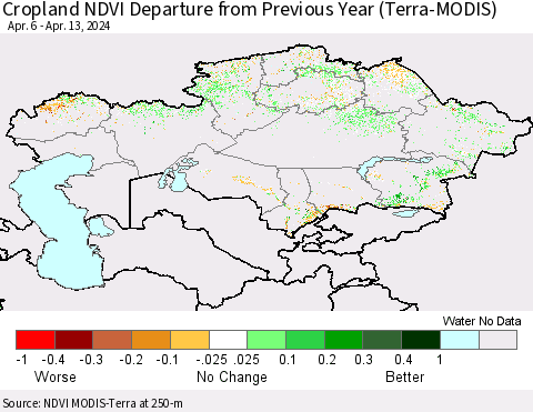 Kazakhstan Cropland NDVI Departure from Previous Year (Terra-MODIS) Thematic Map For 4/6/2024 - 4/13/2024