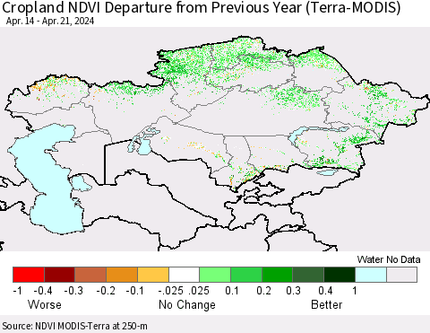 Kazakhstan Cropland NDVI Departure from Previous Year (Terra-MODIS) Thematic Map For 4/14/2024 - 4/21/2024