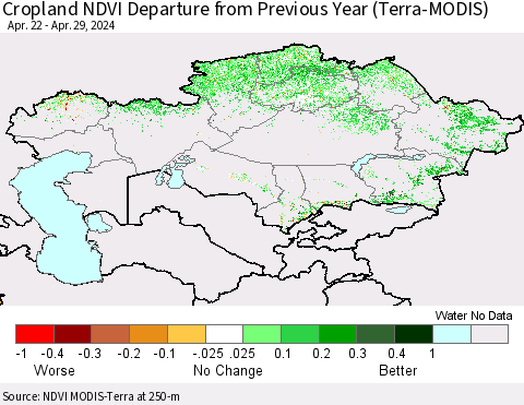 Kazakhstan Cropland NDVI Departure from Previous Year (Terra-MODIS) Thematic Map For 4/22/2024 - 4/29/2024