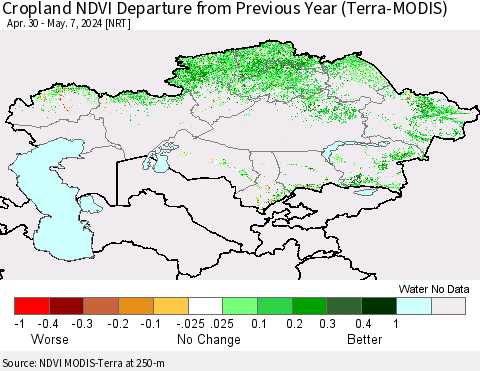 Kazakhstan Cropland NDVI Departure from Previous Year (Terra-MODIS) Thematic Map For 4/30/2024 - 5/7/2024