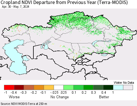 Kazakhstan Cropland NDVI Departure from Previous Year (Terra-MODIS) Thematic Map For 4/30/2024 - 5/7/2024