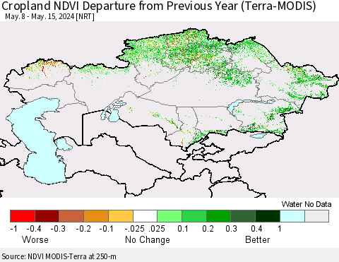 Kazakhstan Cropland NDVI Departure from Previous Year (Terra-MODIS) Thematic Map For 5/8/2024 - 5/15/2024